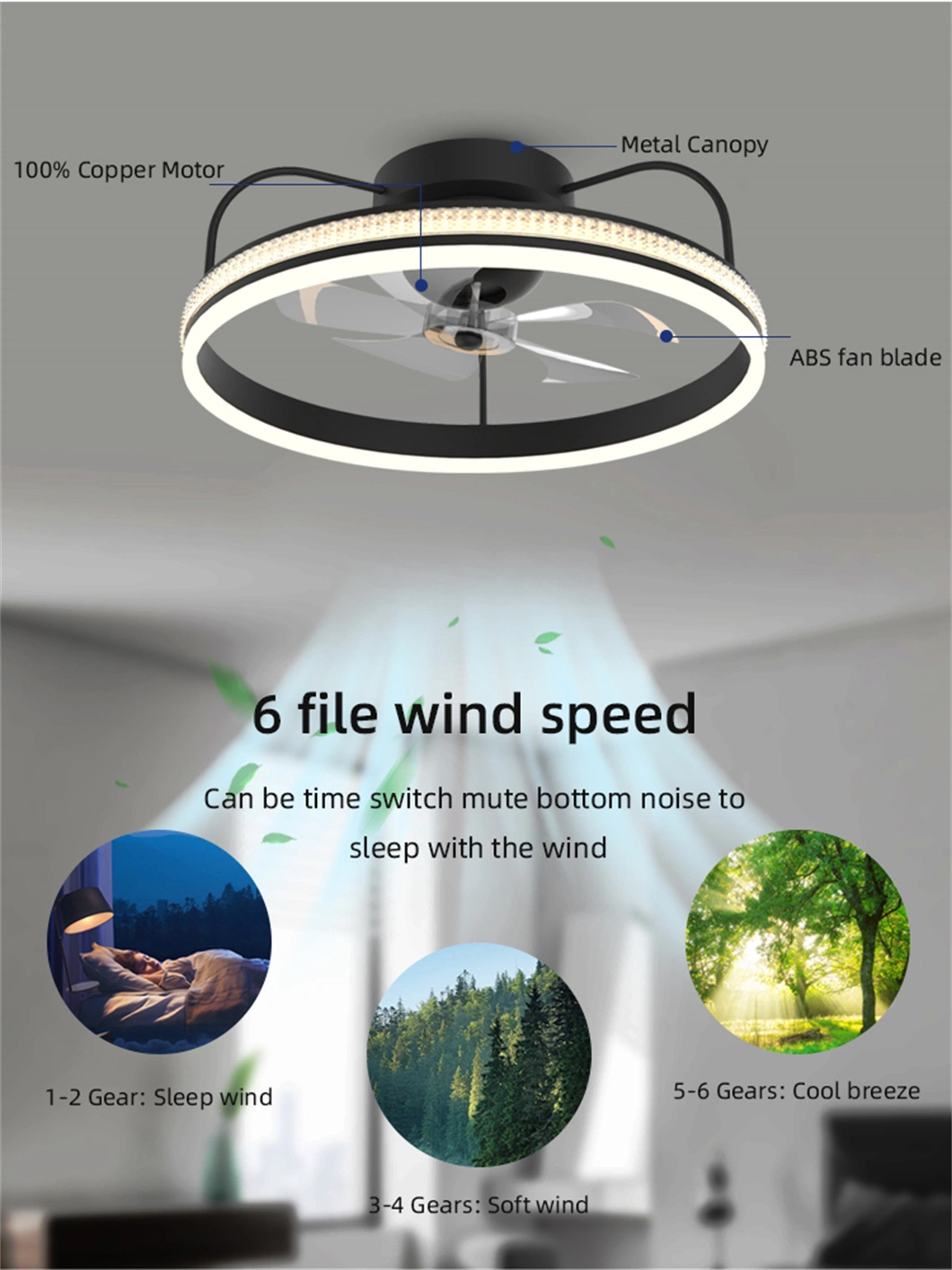 Smart Control LED Ceiling Fan 6 Fan Speed Dimmable Chandelier Light